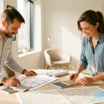 Un homme et une femme consultent des plans d appartements neufs et une carte de ville non légendée sur une table dans une agence immobilière lumineuse.