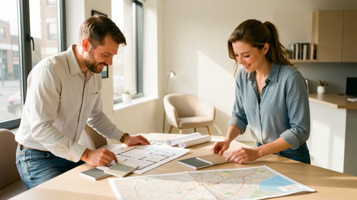 Un homme et une femme consultent des plans d appartements neufs et une carte de ville non légendée sur une table dans une agence immobilière lumineuse.