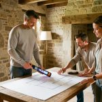 Un homme et une femme visitent une ancienne maison en examinant un télémètre laser et des plans architecturaux vierges posés sur une table en bois, éclairés par la lumière naturelle.