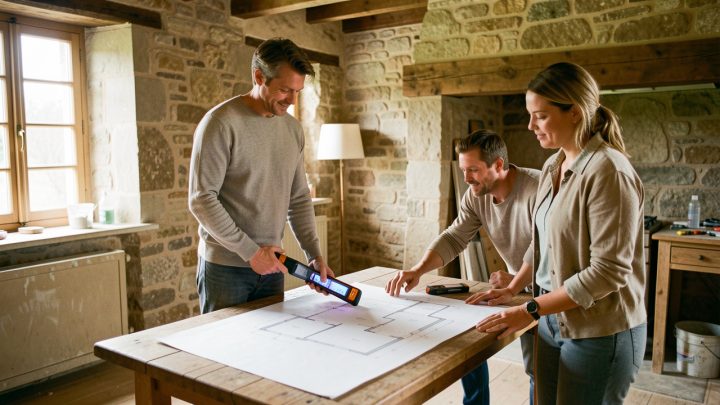 Un homme et une femme visitent une ancienne maison en examinant un télémètre laser et des plans architecturaux vierges posés sur une table en bois, éclairés par la lumière naturelle.