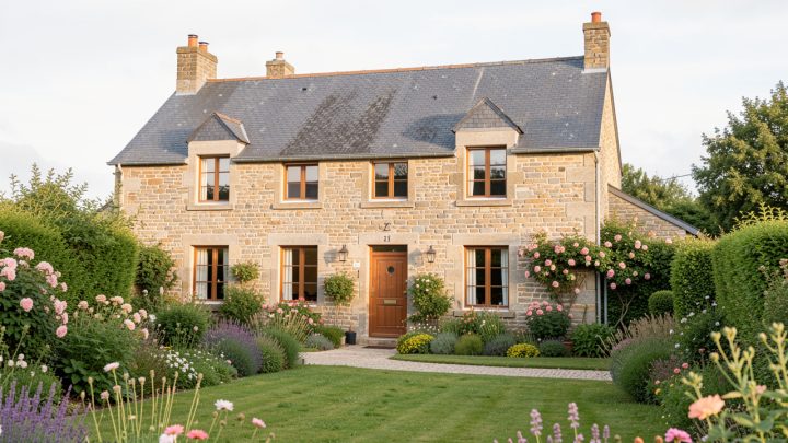 Maison familiale traditionnelle en pierre à Carhaix-Plouguer, entourée d’un jardin verdoyant sous une lumière douce de Bretagne.