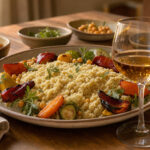 Plat de couscous coloré accompagné de deux verres de vin sur une table méditerranéenne chaleureuse.