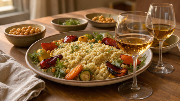 Plat de couscous coloré accompagné de deux verres de vin sur une table méditerranéenne chaleureuse.