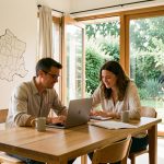 Un homme et une femme travaillent ensemble sur un ordinateur dans une maison lumineuse donnant sur un jardin, avec une carte décorative non légendée de la France évoquant l’immobilier.