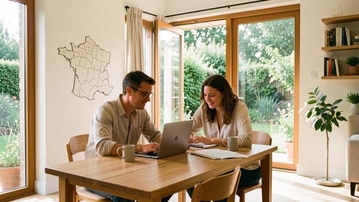 Un homme et une femme travaillent ensemble sur un ordinateur dans une maison lumineuse donnant sur un jardin, avec une carte décorative non légendée de la France évoquant l’immobilier.