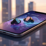Écouteurs sans fil posés sur un smartphone affichant une interface musicale abstraite, avec des ondes audio lumineuses et une ambiance urbaine douce aux tons bleus et violets.