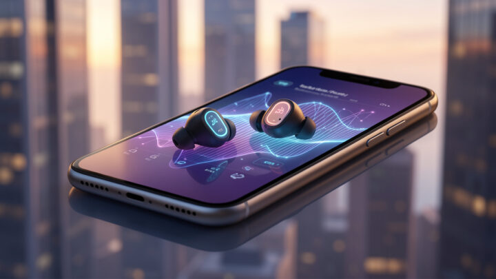 Écouteurs sans fil posés sur un smartphone affichant une interface musicale abstraite, avec des ondes audio lumineuses et une ambiance urbaine douce aux tons bleus et violets.