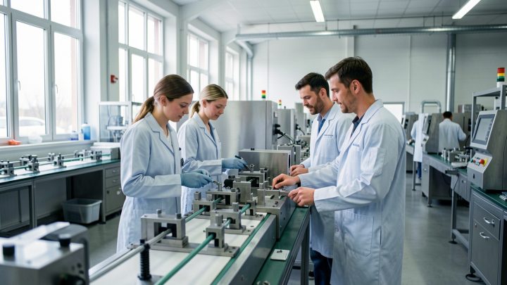 Illustration réaliste d’une usine française moderne avec des salariés en tenue professionnelle travaillant autour d’une chaîne de production sobre, éclairée par une lumière naturelle et douce.